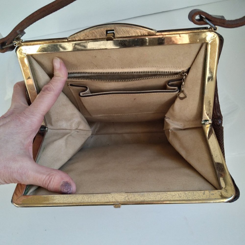 Vintage 1950's/60's Brown Lizard Structured Satchel Handbag - Picture 10 of 12